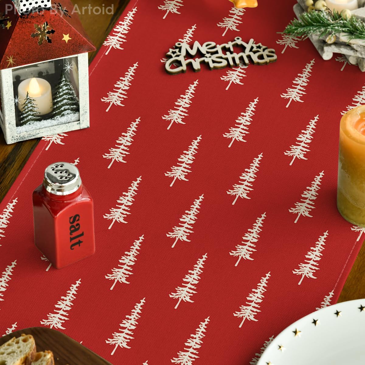 Artoid Mode Red Xmas Tree Christmas Table Runner, Seasonal Winter Kitchen Dining Table Decoration for Home Party Decor 13x72 Inch